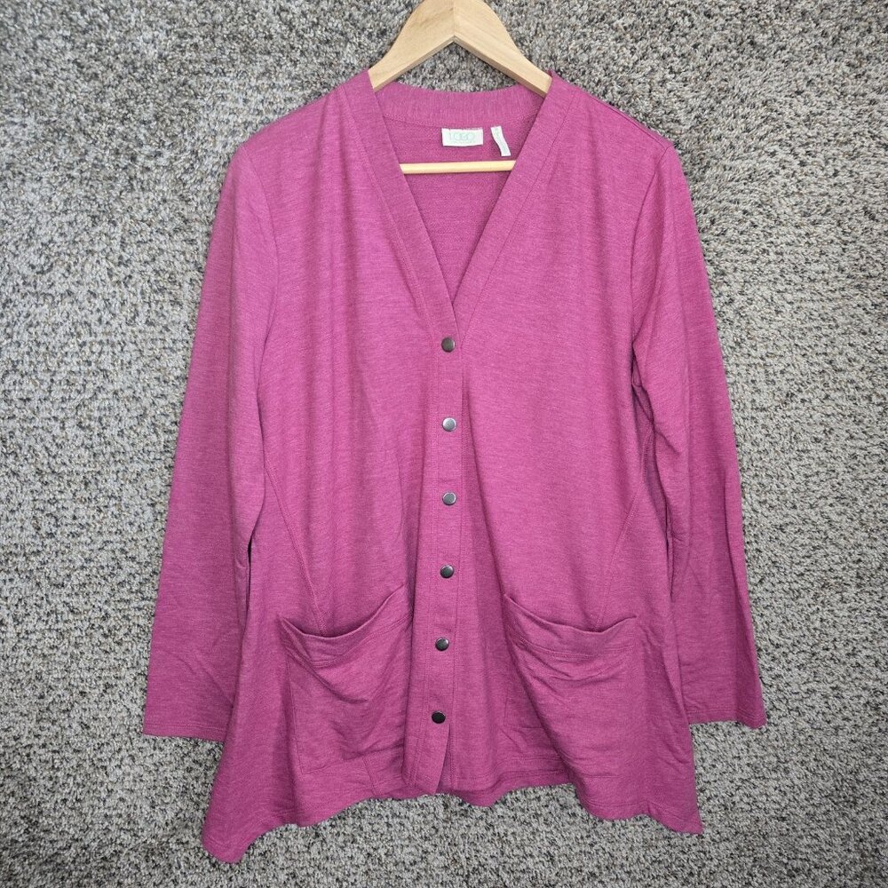 LOGO Lori Goldstein Cardigan Womens Medium Pink Button Up V Neck‎ Pockets Casual